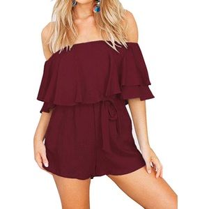 Maroon off-the-shoulder romper